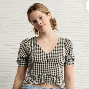American Eagle Outfitters Black and Off-white Checkered Blouse